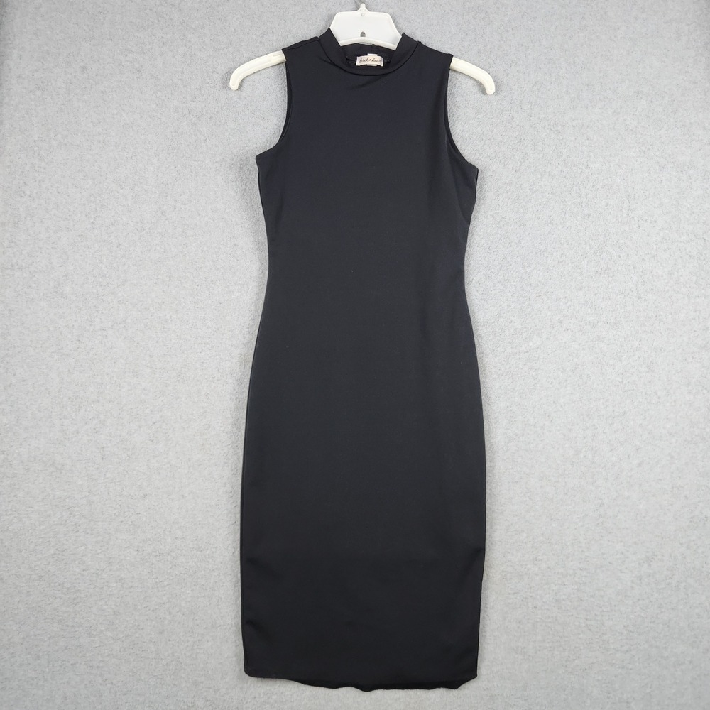 Derek Heart Midi Bodycon Dress Womens Small Black Stretch Mock Neck Sleeveless